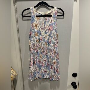 Entro Lace-Trimmed Floral Dress in Blue and Cream